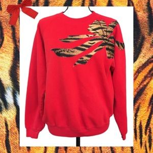 Vintage 90s Handmade Appliqué Sweatshirt Raglan Tiger Fleece Christmas Bow L
